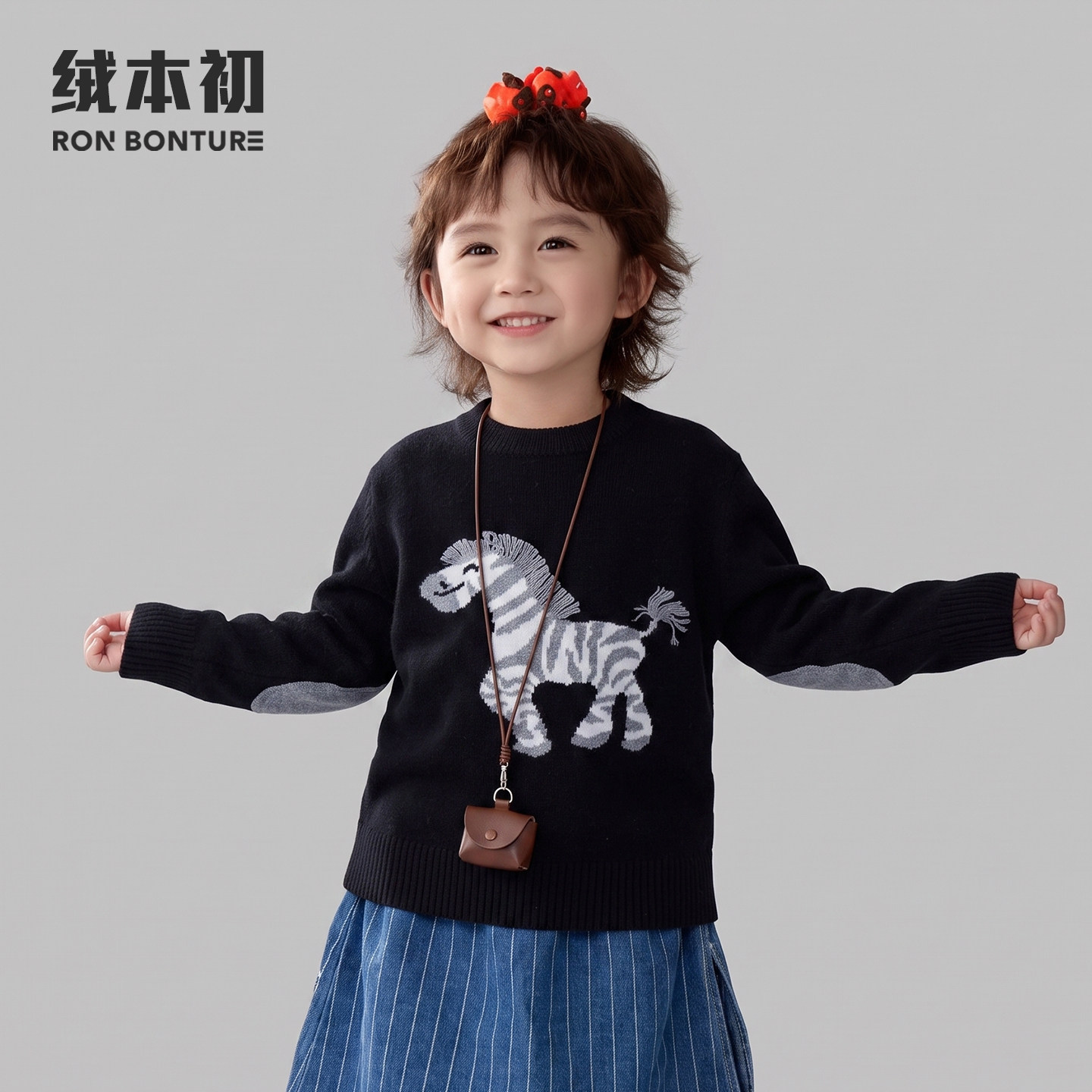 可爱小马图案儿童羊绒衫山羊绒