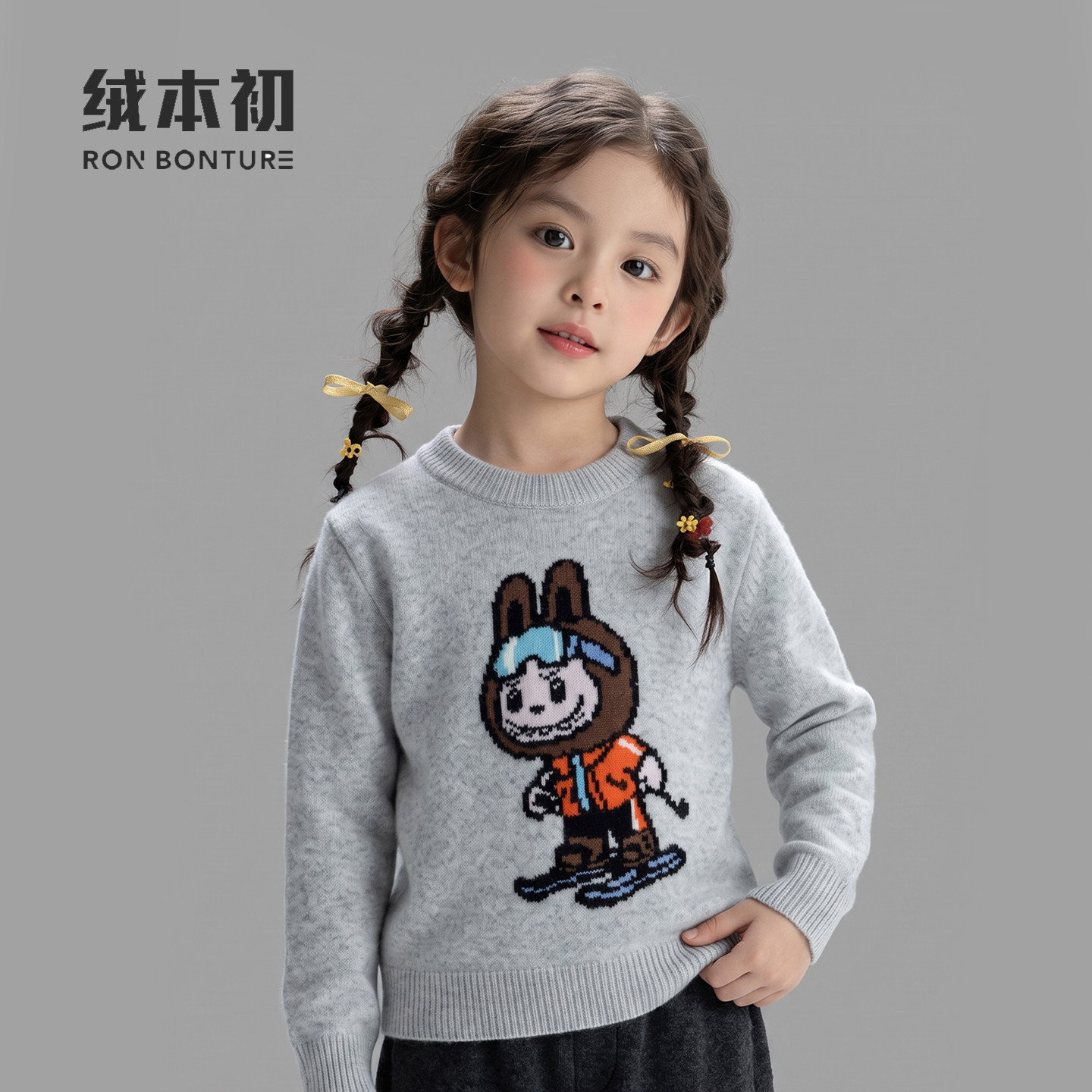 绒本初~儿童卡通100山羊绒针织衫男女通用柔软舒适套头儿童毛衣厚