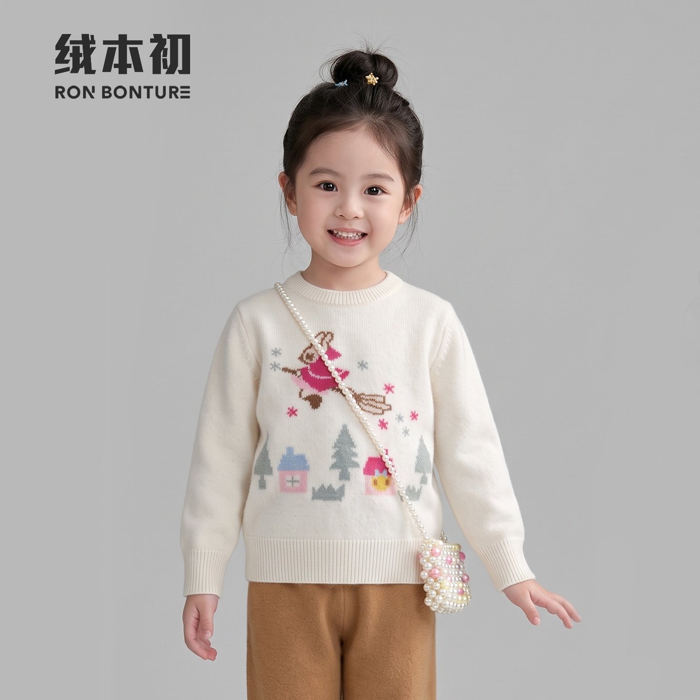 【绒本初】可爱风卡通动物100%山羊绒衫女童圆领针织衫保暖毛衣冬