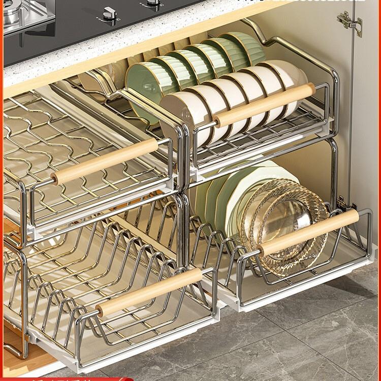 不锈钢碗碟收纳架厨房橱柜内置物架抽屉式拉篮抽拉碗盘子沥水碗架