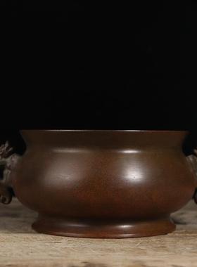 铜香炉摆件 苏工铜双龙耳圈足炉 家居办公桌面装饰礼品工艺品