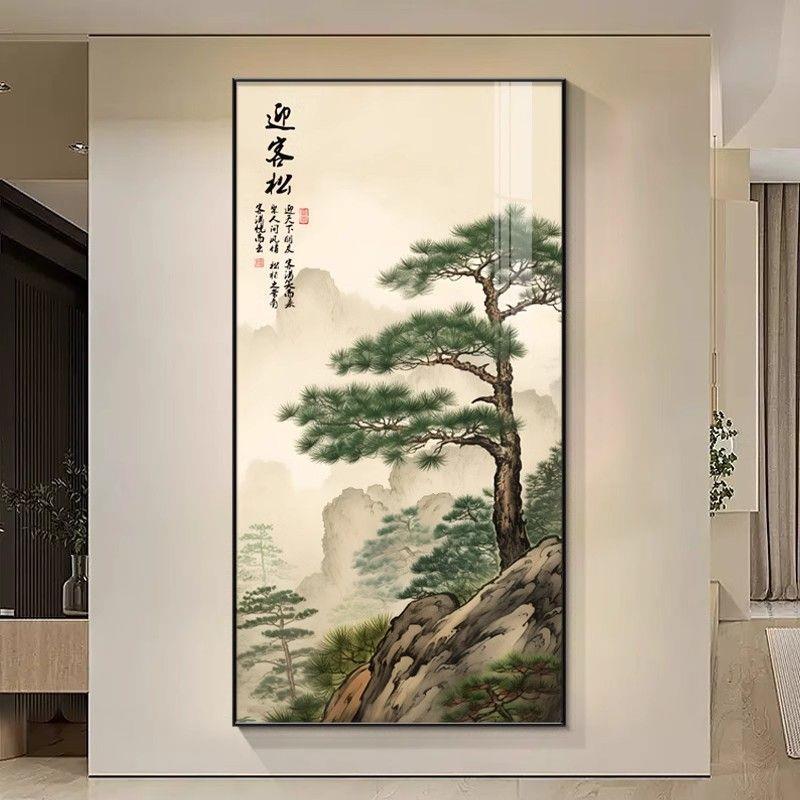迎客松玄关挂画新中式客厅走廊过道装饰画靠山画有山无水进门壁画