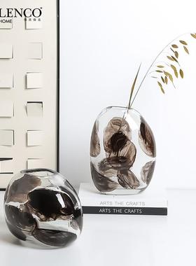 现代极简创意水墨花纹玻璃花瓶样板房别墅客厅插花设计师花器摆件