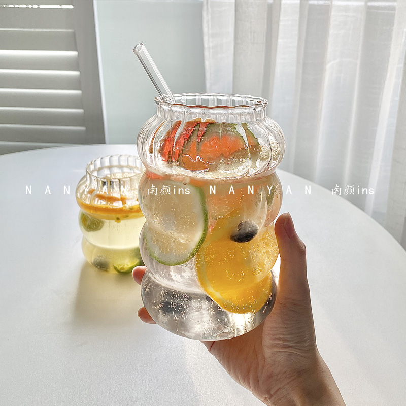 快楽限定*韩国ins咖啡厅同款冷饮大容量水果茶玻璃杯果汁杯冰咖杯