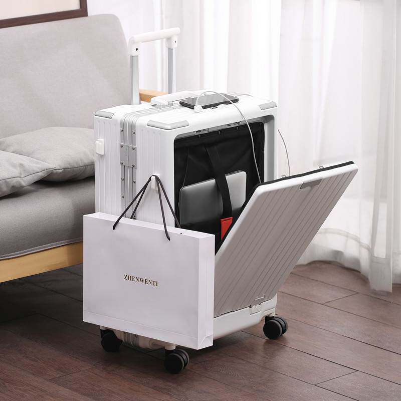 新款前开盖行李箱多功能充电拉杆箱杯架铝框旅行箱商务登机箱20寸