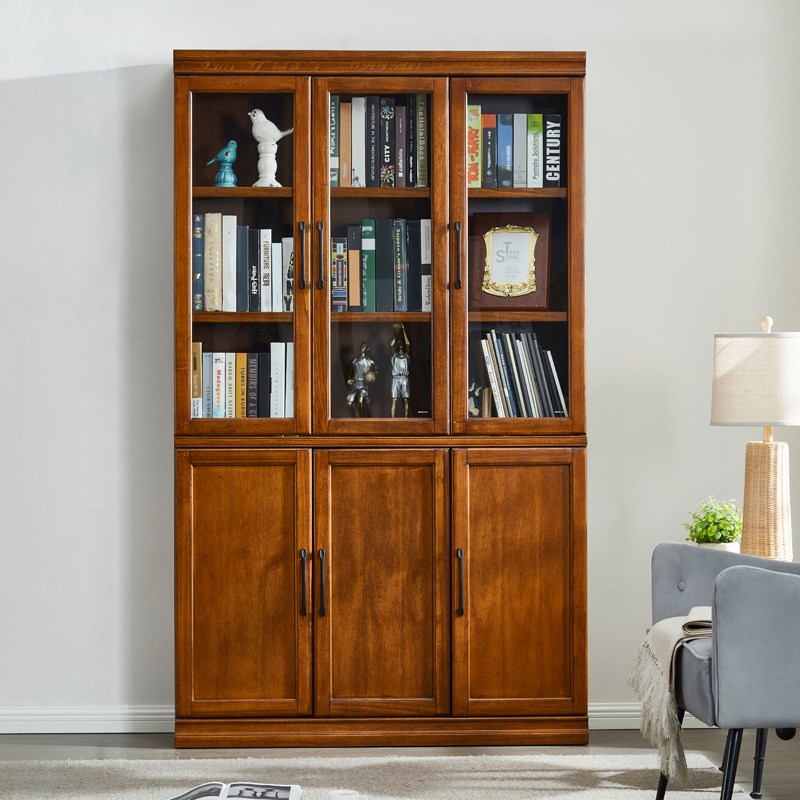 防尘书柜带玻璃门落地家用置物柜儿童收纳实木书架一体客厅储物柜