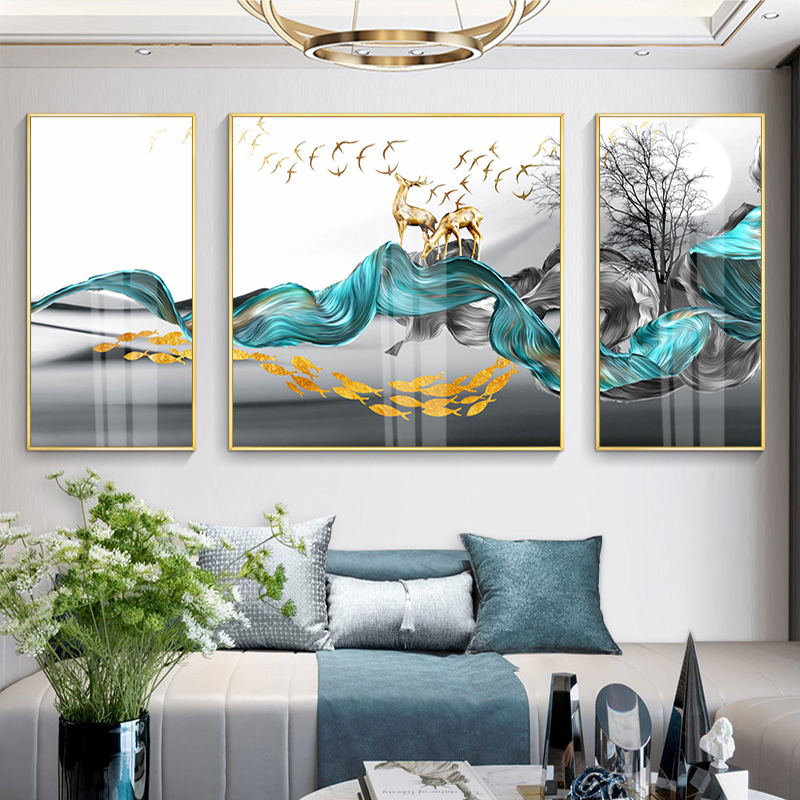 简约客厅装饰画三联轻奢晶瓷沙发背景墙壁画石来运转卧室床头挂画图片