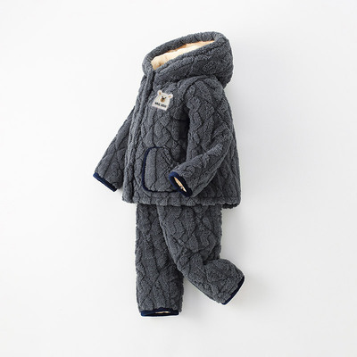 儿童男孩冬季珊瑚绒加厚套装中大童小女孩三层夹棉加绒保暖家居服