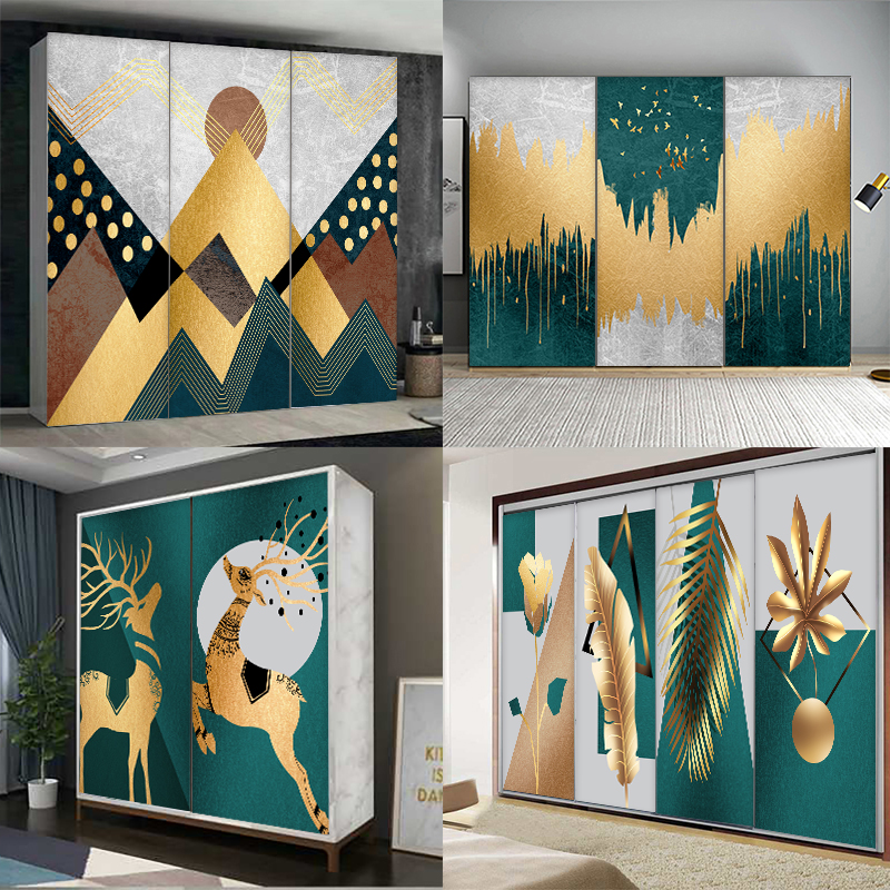 北欧复古金绿色系推拉衣柜贴画整张自粘装饰玻璃移门防水加厚门贴图片