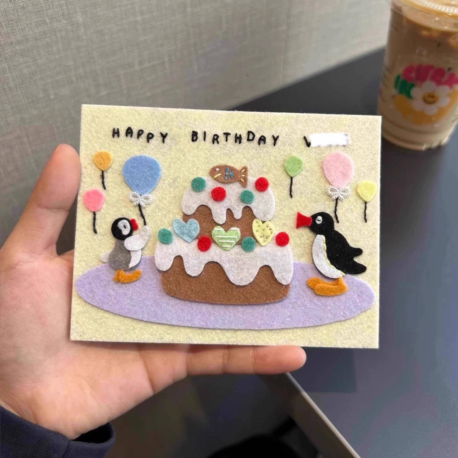可爱企鹅不织布手工贺卡成品生日祝福小卡片礼物送朋友治愈