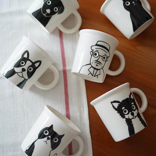 然而家 日单插画风猫咪小狗陶瓷杯马克杯可爱日式水杯挂耳咖啡杯