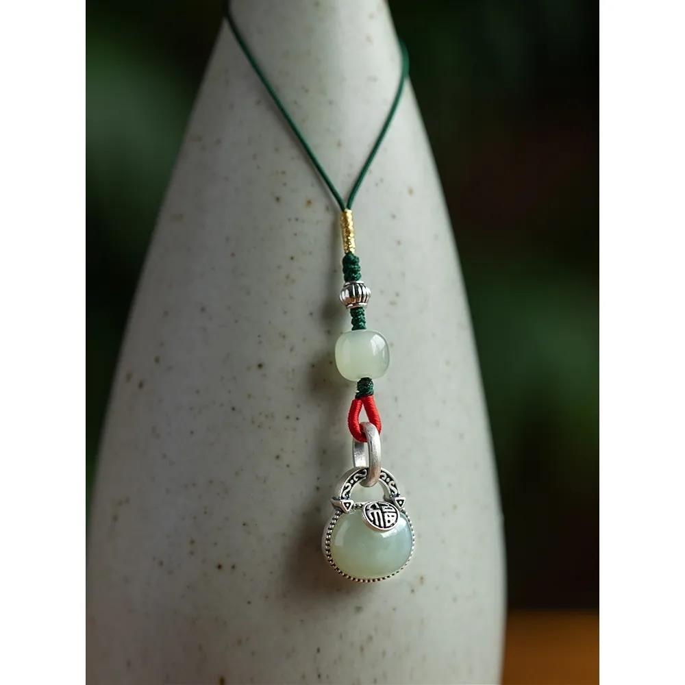 和田玉平安福字如意锁手机链挂饰挂绳银招财女士高端精致吊坠挂件