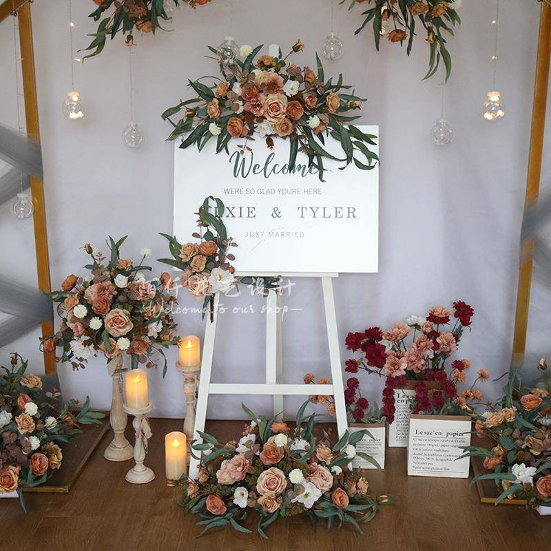 婚礼迎宾牌仿真复古花艺 婚庆道具水牌花 酒店指示牌装饰花门头花