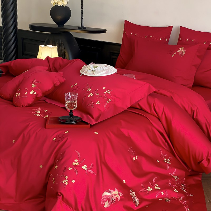 轻奢风刺绣100高支全棉长绒棉大红色婚庆四件套 喜庆结婚被套床品