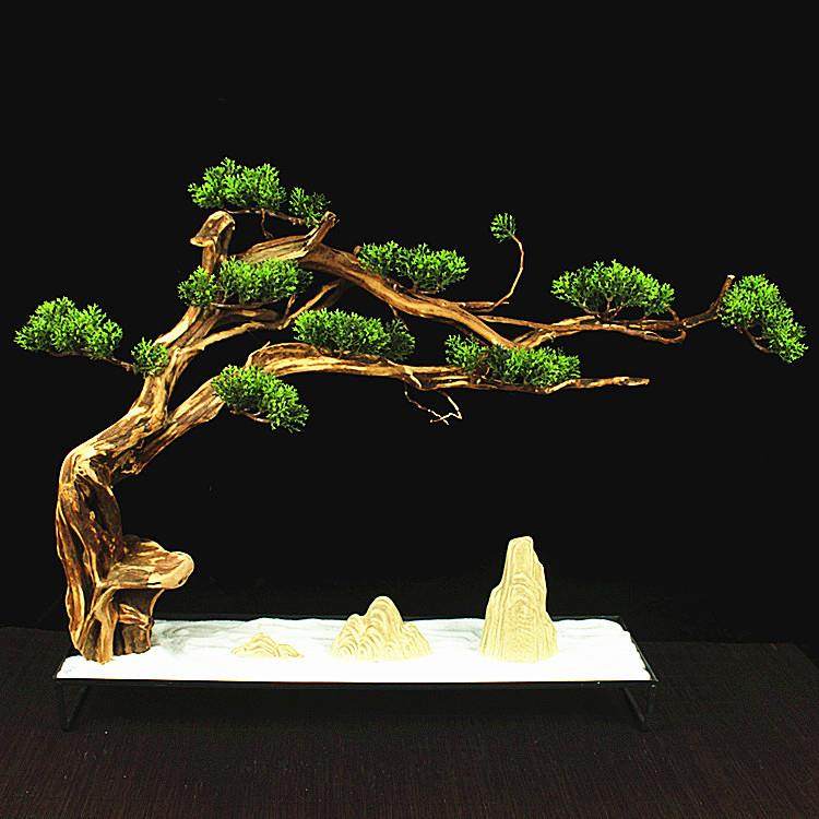 迎客松造盘景松树客厅家居书房枯木山水铁艺托盘工艺品摆件