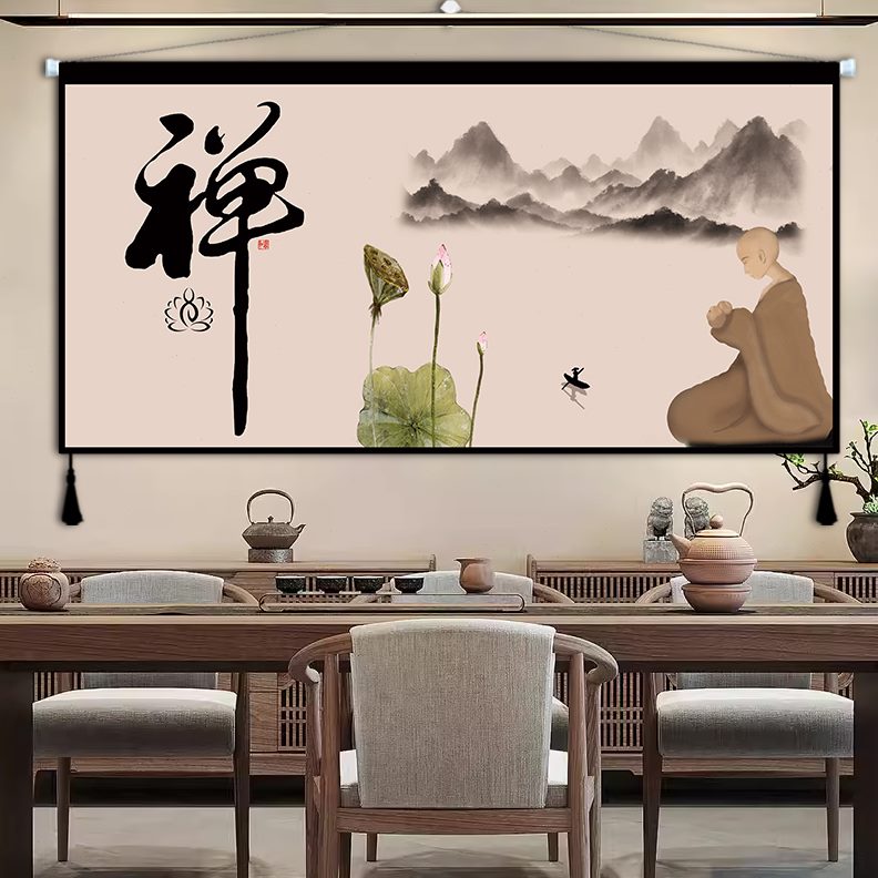 背景墙装饰书房客厅茶室定制挂布背景布画挂画卧室新中式布艺禅意图片