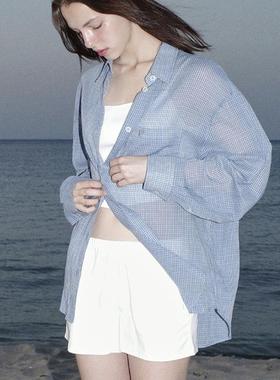 low家自制 蓝色格子衬衫女24ss新款韩系宽松廓版透气棉质长袖上衣