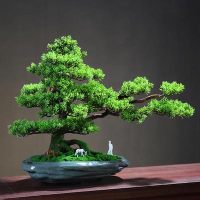 仿真迎客松新中式盆景摆件客厅办公绿植实木树根酒店装饰玄关造景
