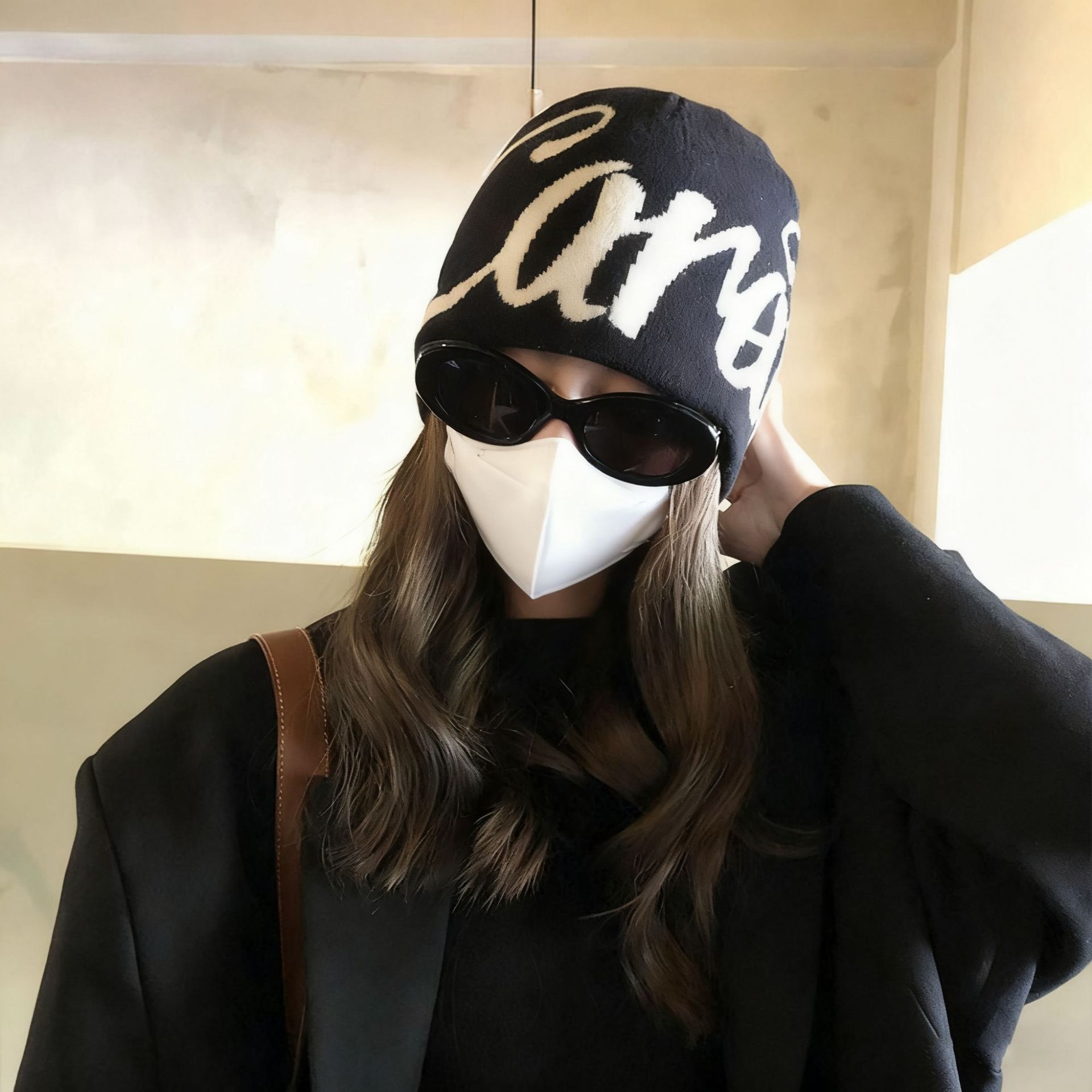 双面戴针织帽男女嘻哈美式街头字母提花滑板护耳套头帽秋冬冷帽潮