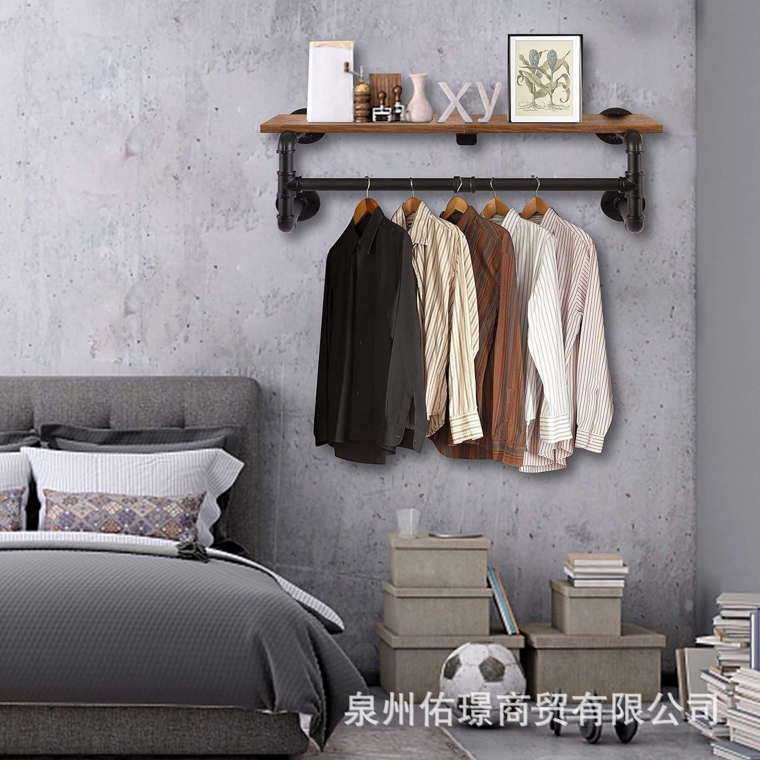 工业水管壁挂式服装架衣架带顶架展示悬挂衣架一字搁板上墙挂衣架