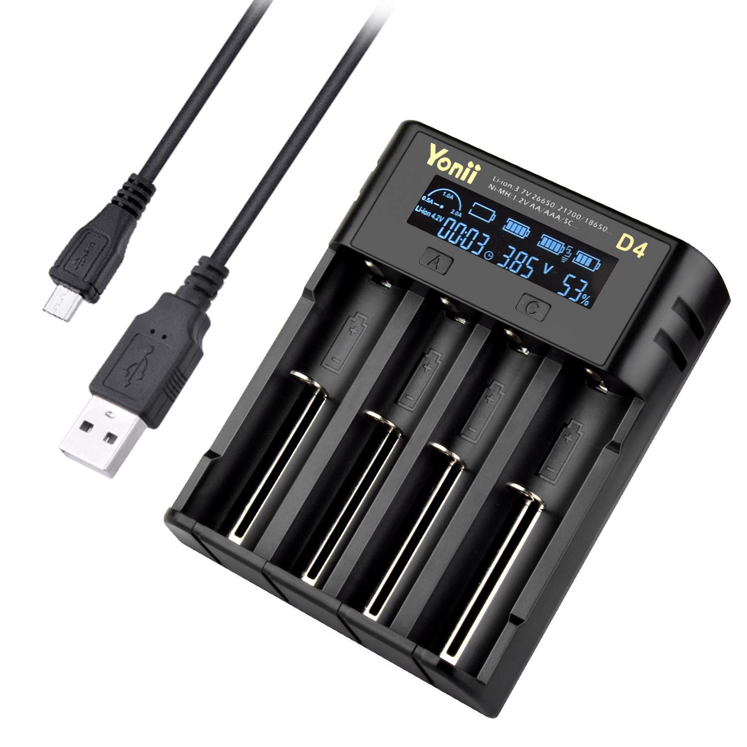 YONII 18650充电器4槽 21700锂电池四槽 26650AA5号镍氢LCD充电器