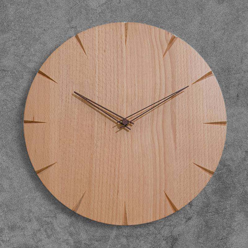 榉木时钟圆形日式原木卧室客厅挂钟北欧简约创意现代静音实木钟表