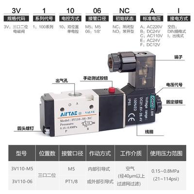 1原亚德客两位三通装电磁阀3V10M5NCB3V110M5NOBV3V110M5N110M35N