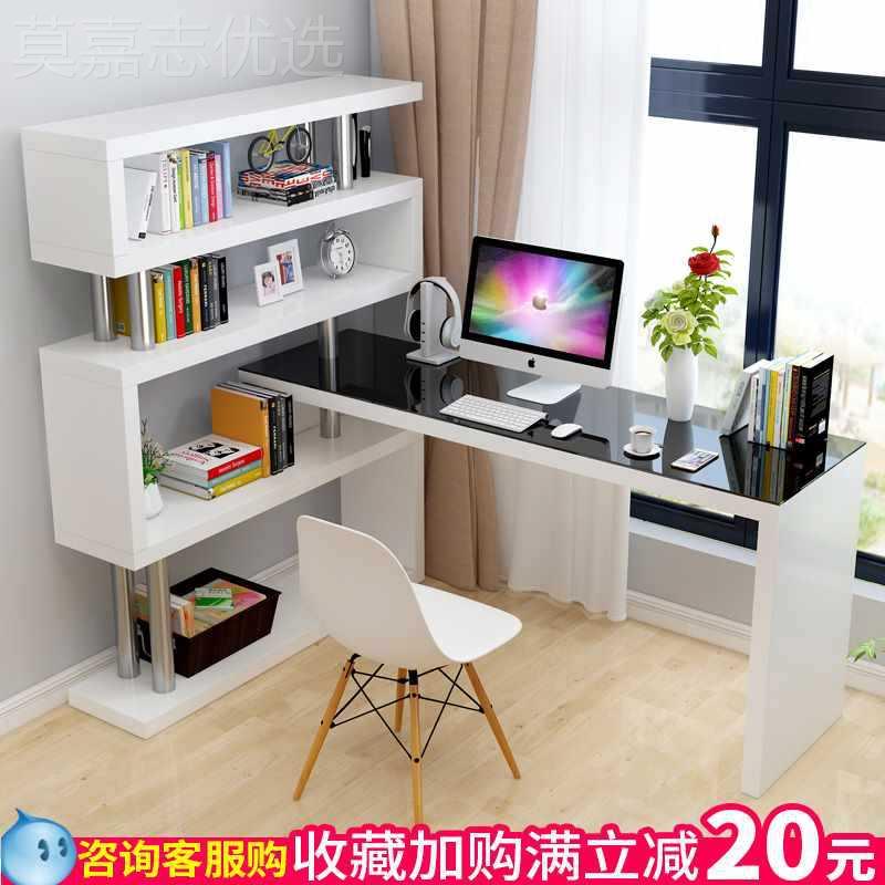电脑台式桌子简约钢化玻璃室转角一书卧桌书架组合办公家桌用书柜