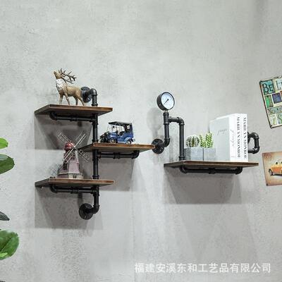 美 复古创意一式字水管壁室挂置物 客架厅卧墙上实HIN木隔板书架