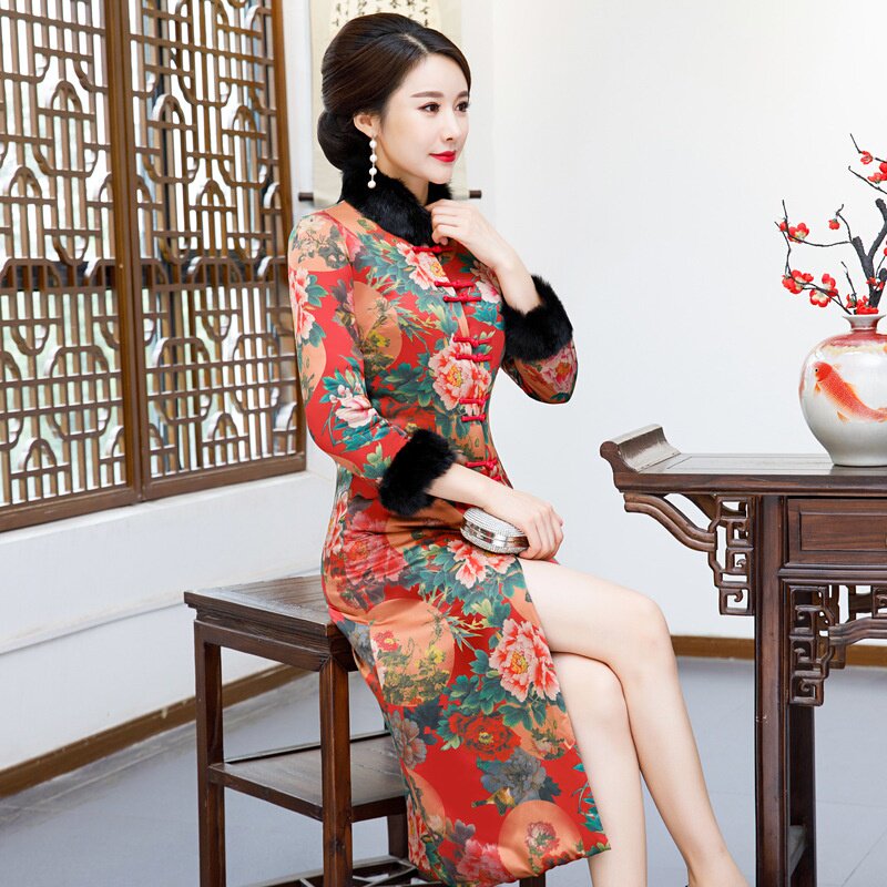 2026新款秋冬中国风女装改良旗袍仿香云纱夹棉旗袍长款长袖唐装女