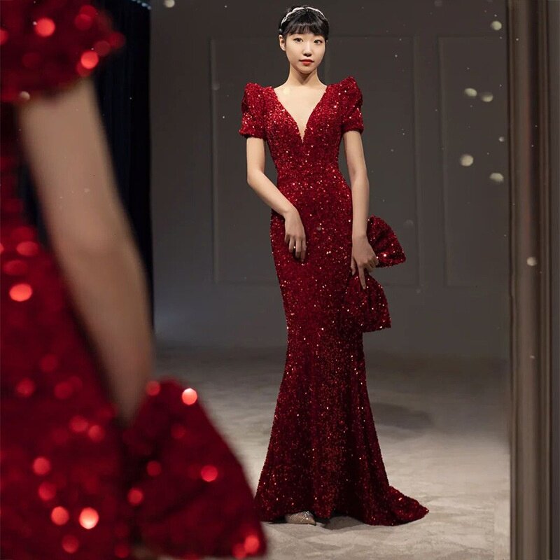 2026新款旗袍敬酒服新娘女酒红色回门订婚结婚礼服鱼尾主持晚礼服