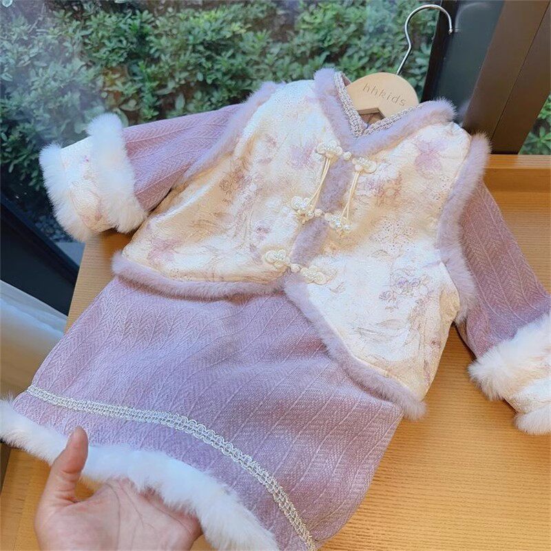 2026新款拜年服女童冬季国风唐装小女孩过年喜庆衣服加绒加厚
