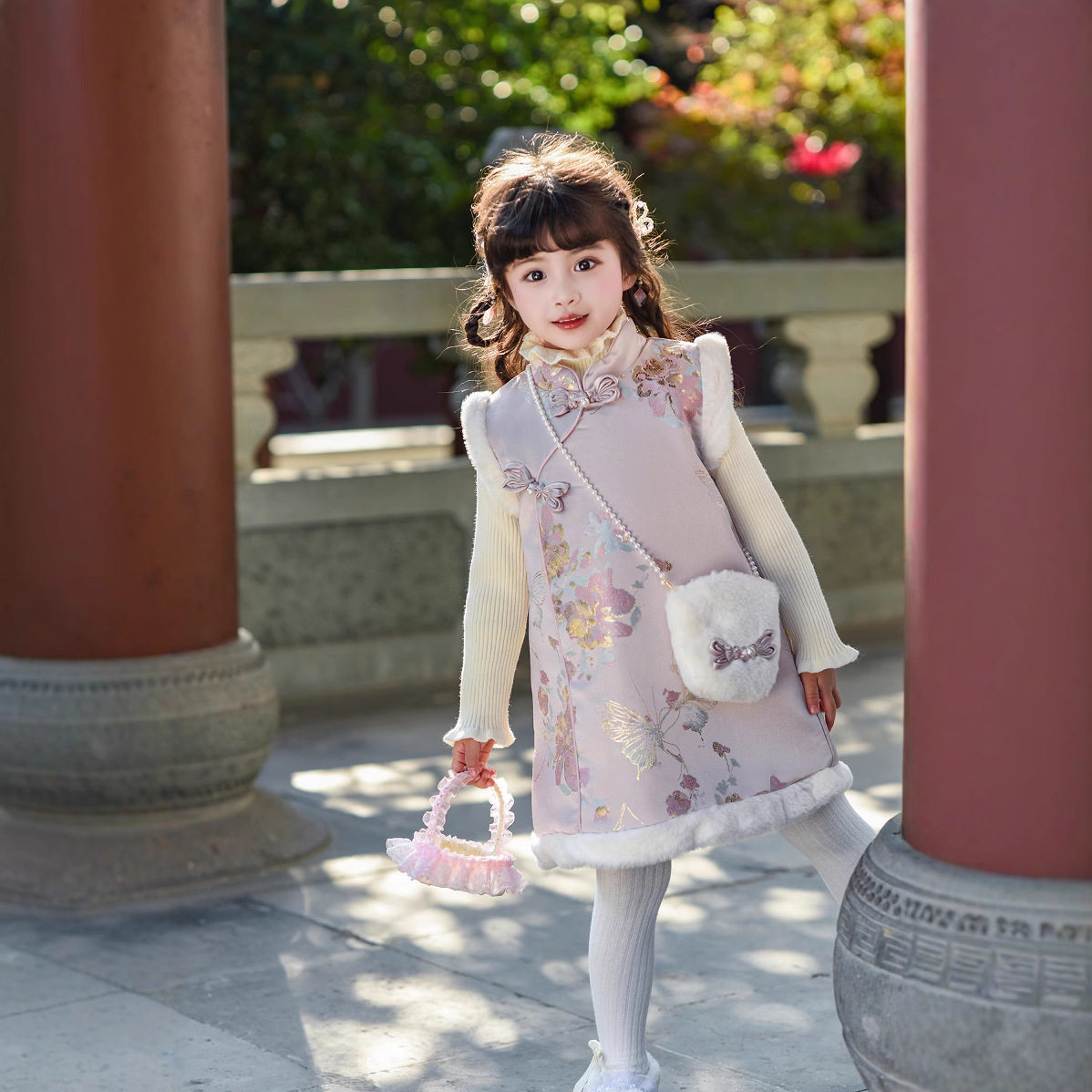 2026新款女童冬季新年款马甲裙套装中国风复古旗袍盘扣公主裙