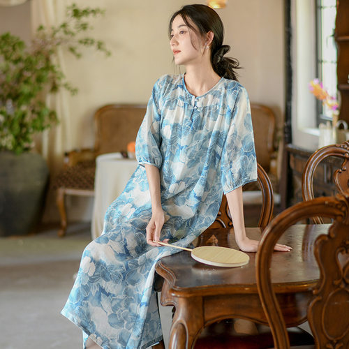 2026新款新中式女装夏季苎麻连衣裙女薄款印花中国风复古女士碎花