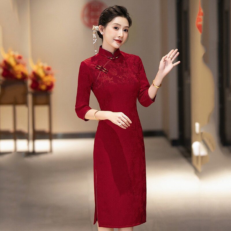 2026新款红色喜婆婆喜妈妈婚宴中式秋冬季长袖旗袍改良女外嫁回娘