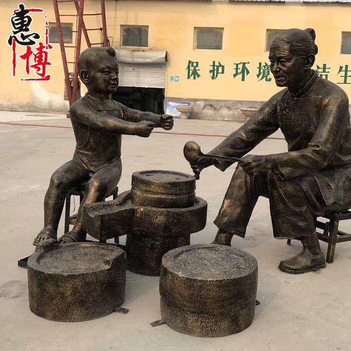 民俗传统小吃磨豆浆形象人物雕塑模型玻璃钢仿铜景观铸铜摆件