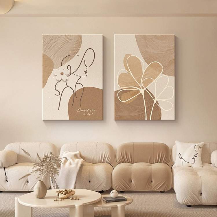 现代简约卧室床头装饰画抽象线条人物挂画奶油风原木风客厅墙壁画图片