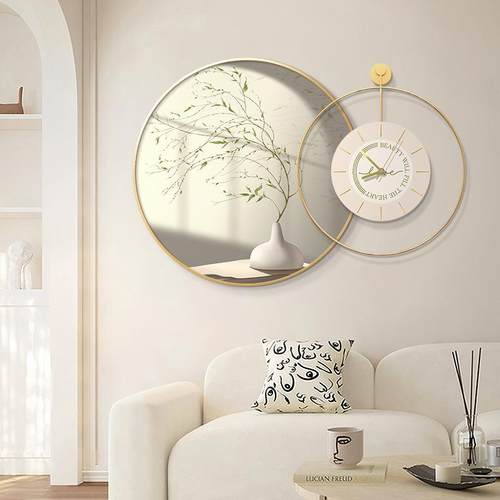 奶油风餐厅装饰画客厅装饰圆形绿植静音钟表组合挂画客厅挂画时钟