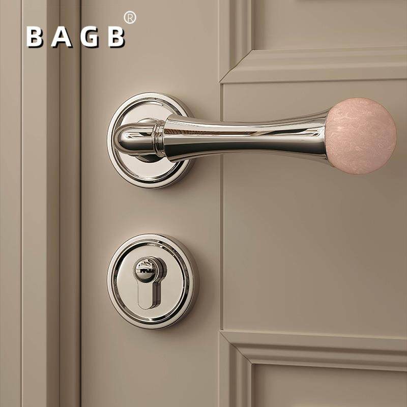 BAGB新法式亮银色北欧轻奢磁吸静音门把手天然白松石头粉水晶门锁