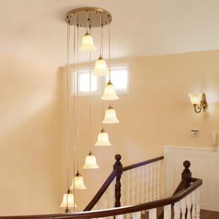 新品楼梯吊灯美式全铜复式楼梯间吊灯轻奢别墅中空旋转楼梯长吊灯