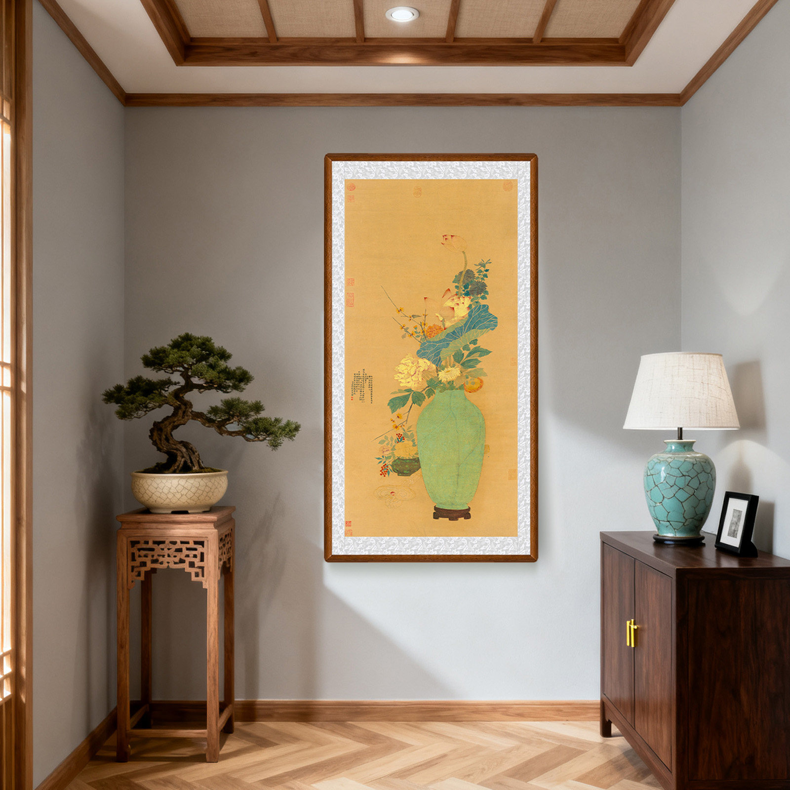 平安如意图玄关牡丹花挂画花鸟国画新中式客厅背景装饰画茶室壁画