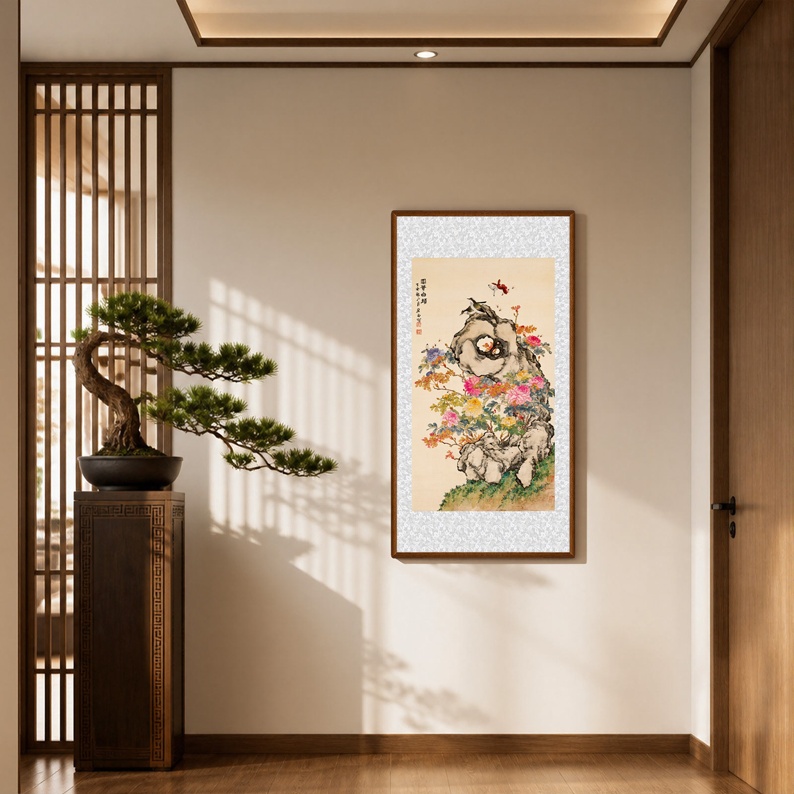 新中式竖版玄关壁画牡丹挂画国画客厅大气富贵入户装饰画走廊过道