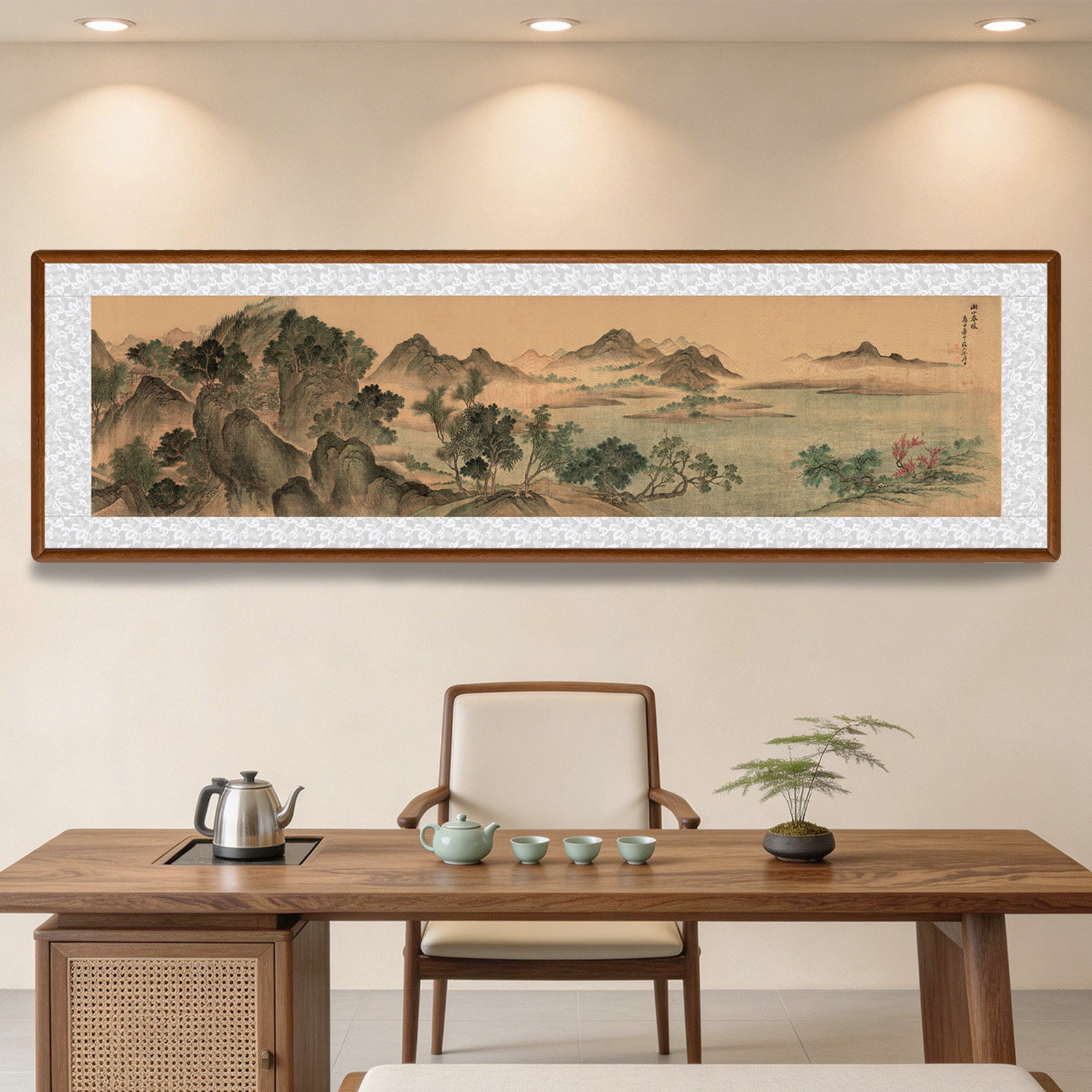 湖山春暖图国画挂画新中式客厅茶室装饰画古画山水画办公室靠山图