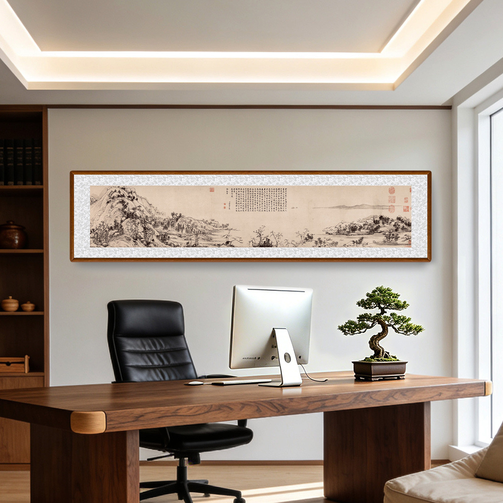 富春山居国画办公室山水画挂画背有靠山湖山春暖图客厅茶室装饰画