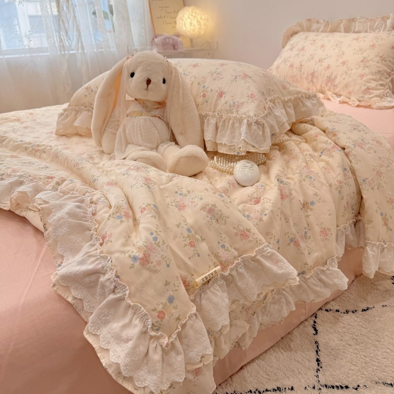 仙女款荷叶边全棉双层纱夏被四件套可机洗空调被单双人薄被子