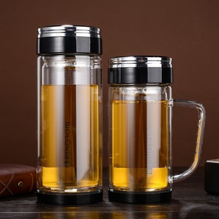 卧龙双层玻璃杯男女钢化加厚水晶水杯便携隔热随手带盖把泡茶杯子