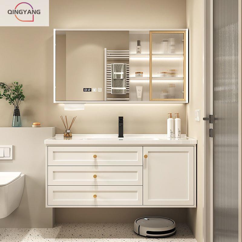 清洋奶油风卫生间洗漱一体台盆浴室柜组合洗手池智能挂墙式