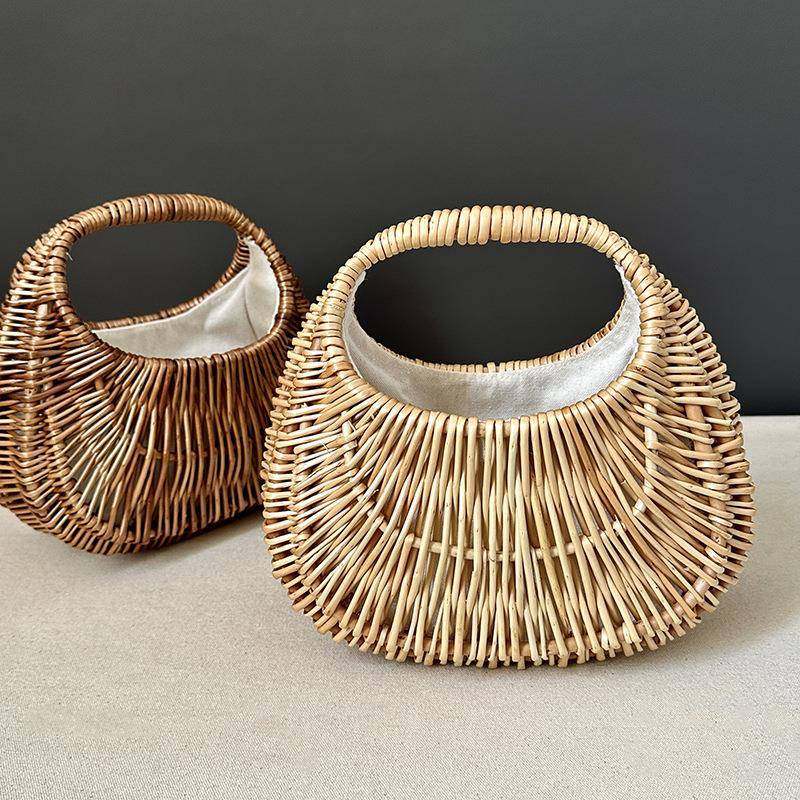 2025新款柳条藤编包法式夏季度假手提月亮形复古菜篮子编织包提篮