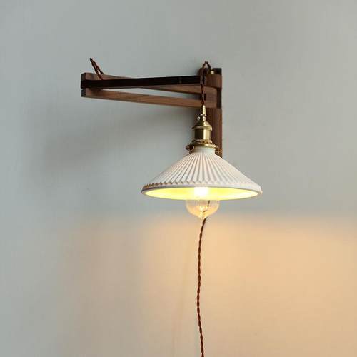 日式折叠壁灯复古全铜胡桃木壁灯可移动设计感卧室壁灯床头灯灯具