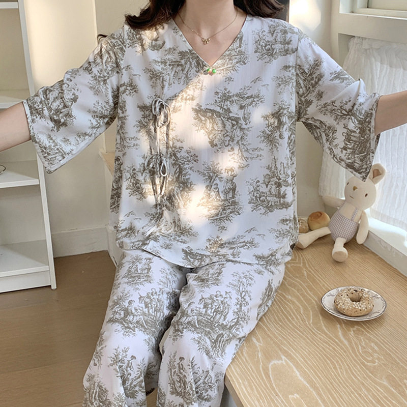 新中式印花睡衣女士春夏秋季新款绵绸中袖长裤国居服品质套装